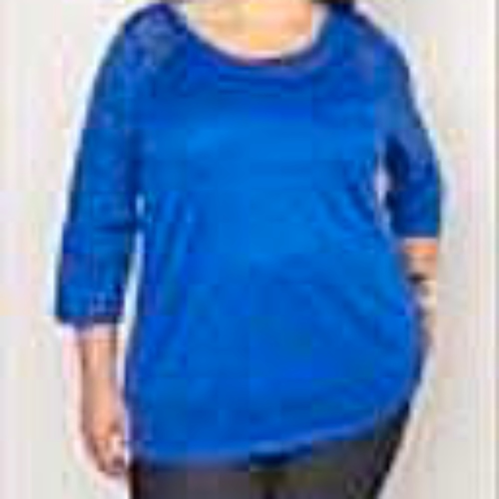 TOP, SHEER LACE SLEEVES, ULTRAMARINE BLUE, SIZE 5X, SHAPED FIT, ¾ SLEEVES, ADDIT